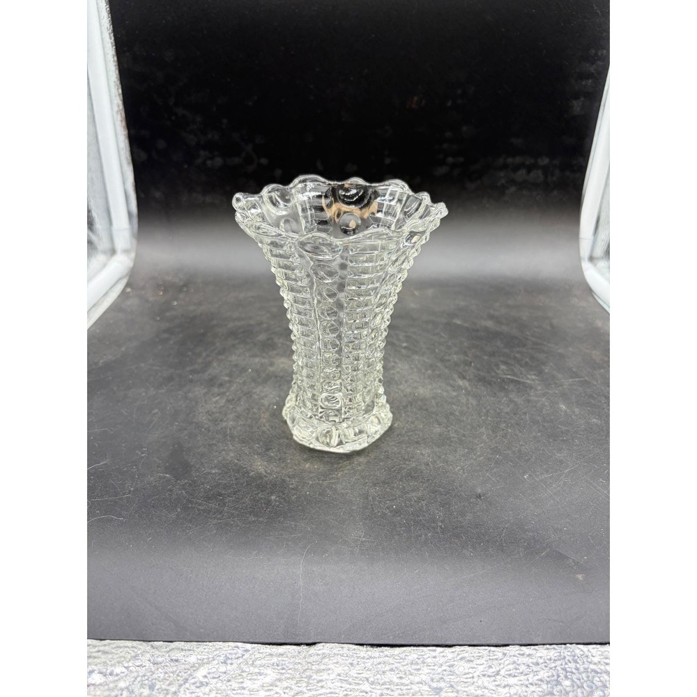 Vintage Clear Hobnail Pressedβ Glass Vase Ruffled Rim Starburst Base 5 Inch